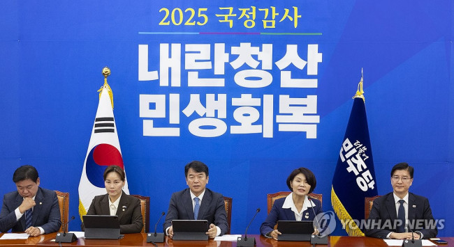 민주당 국정감사 대책 회의에서 발언하는 한정애 정책위의장